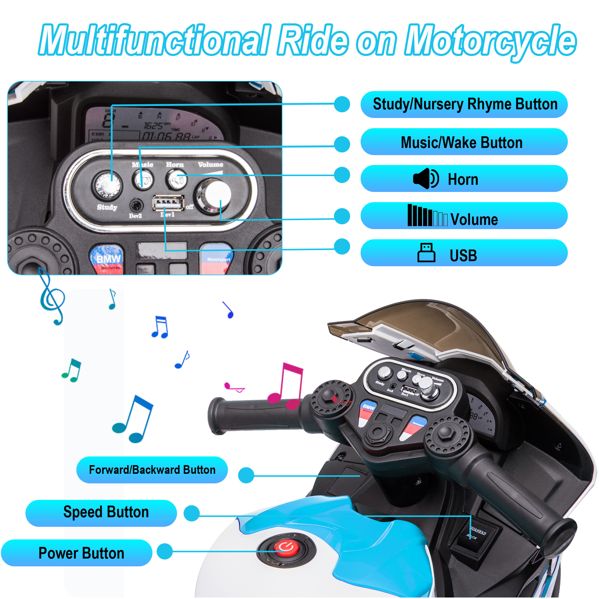 12V 2 Seater Kids Electric Motorcycle for 3-6 Years Old, Battery Powered Ride on Motorcycle Toy w/ Music and LED Light, Motorized Dirt Bike for Boys Girls, 3 Wheels, Blue