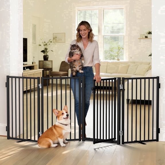 Dog Gate, Domipet Pet Gate Freestanding, 80''Extra Wide Dog Gate 32''Height Pet Playpen for Doorways, Black