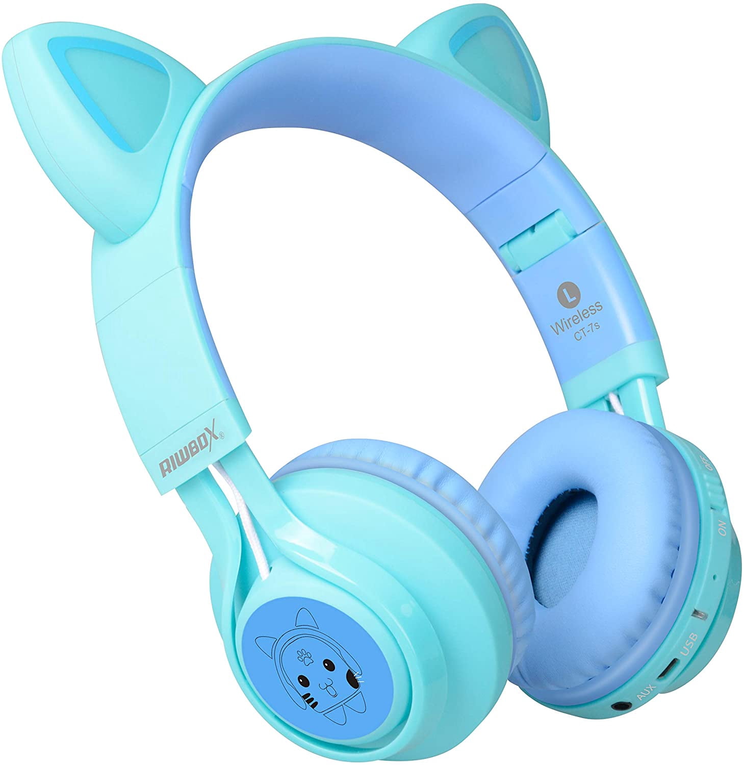 Kids Headphones, Riwbox CT-7S Cat Ear Bluetooth Headphones 85dB Volume Limiting, LED Light Up Kids Wireless Headphones Over Ear with Microphone for iPhone/iPad/Kindle/Laptop/PC/TV (Blue & Green)