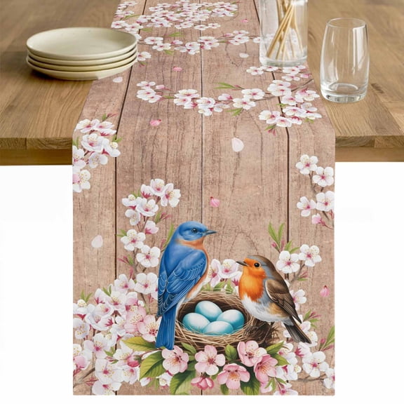 Birds Floral Table Runner 108 Inches Long Farmhouse Dress Scarves, Farmhouse Pink Flower Leaf Wood Grain Brown Dining Tablerunner for Coffee Table/Kitchen Island/Party Décor, 13" x 108"