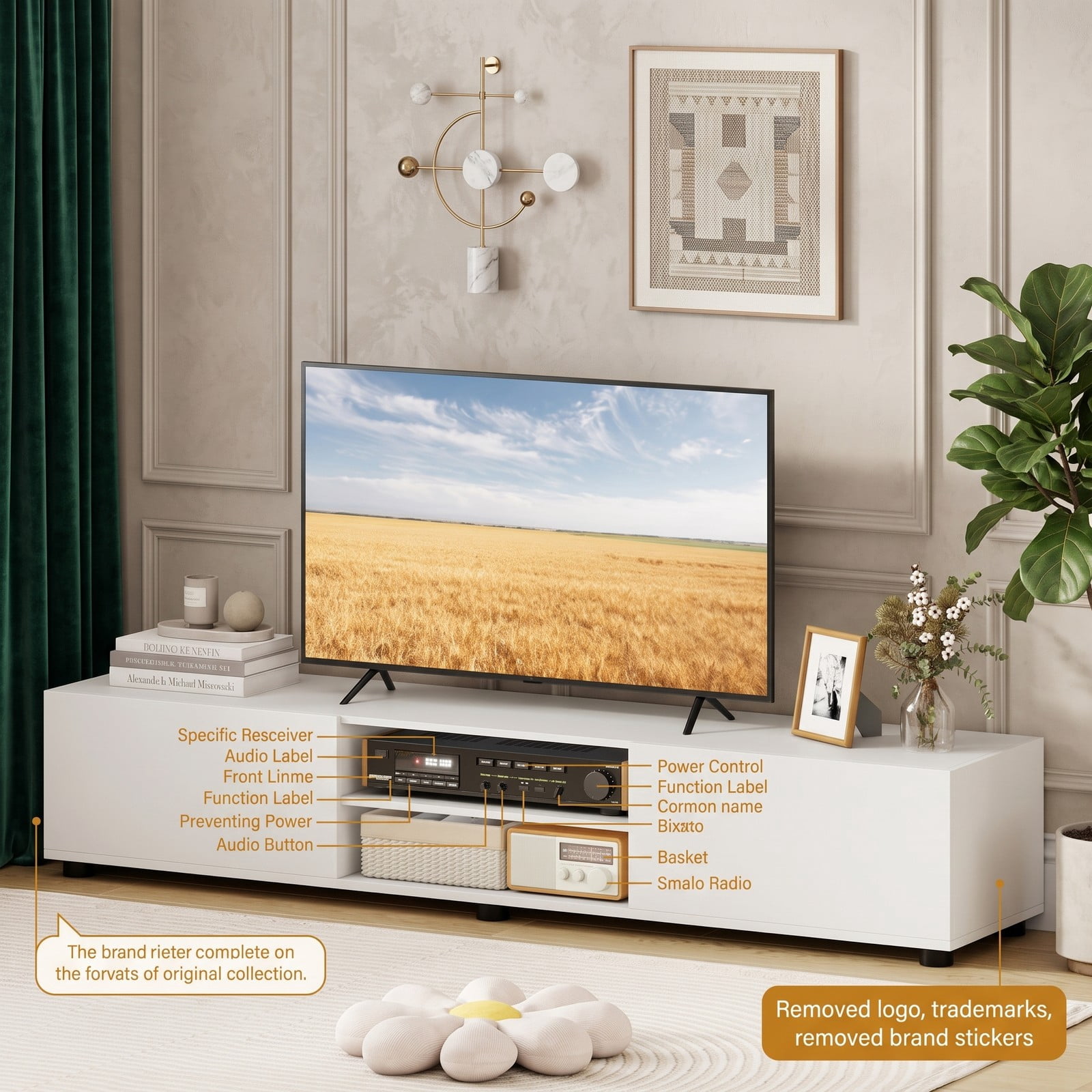 Furnibear Modern TV Stand for TVs up to 70 Inch, Minimalist Entertainment Center Media Console with 2 Doors and Open Shelves, Engineered Wood Storage Cabinet, White