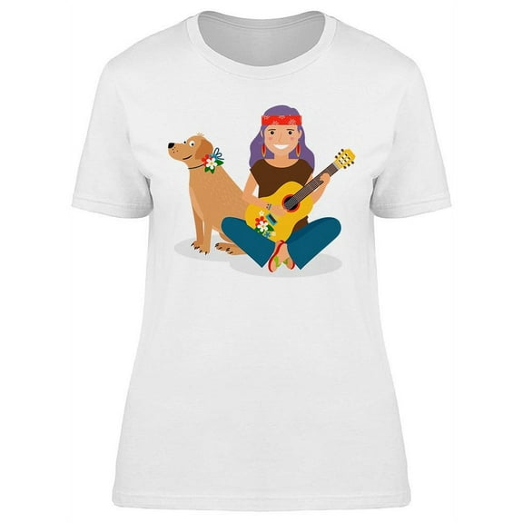 Hippie Girl With Guitar And Dog T-Shirt Women -Image by Shutterstock, Female 3X-Large