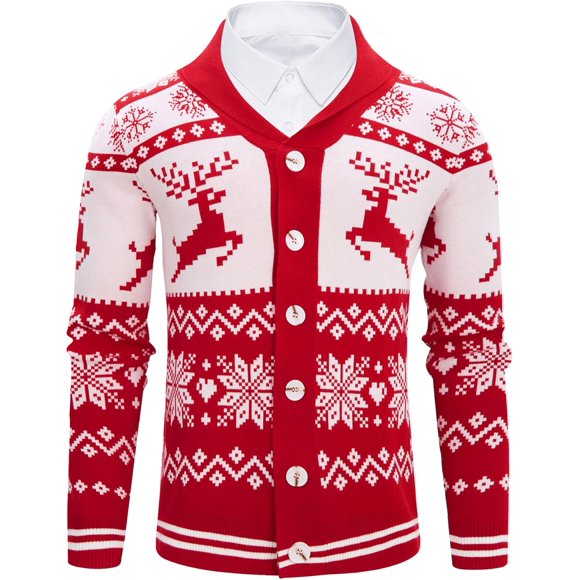 Cozople Mens Christmas Cardigan Sweater Ugly Shawl Collar Knitted Cardigan Overcoat for Xmas