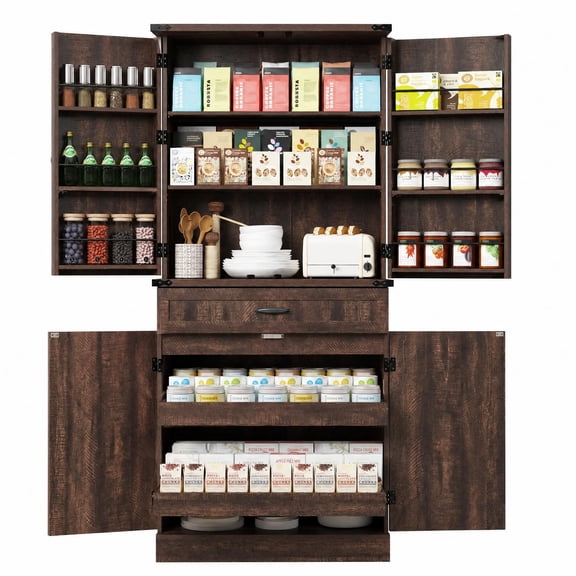 71" Tall Farmhouse Kitchen Pantry Cabinet with 6 Door Shelves & 2 Pull-Out Drawers, Multifunctional Storage Cabinet with Adjustable Shelf & Load-Bearing Metal Pipe for Dining Room Living Room