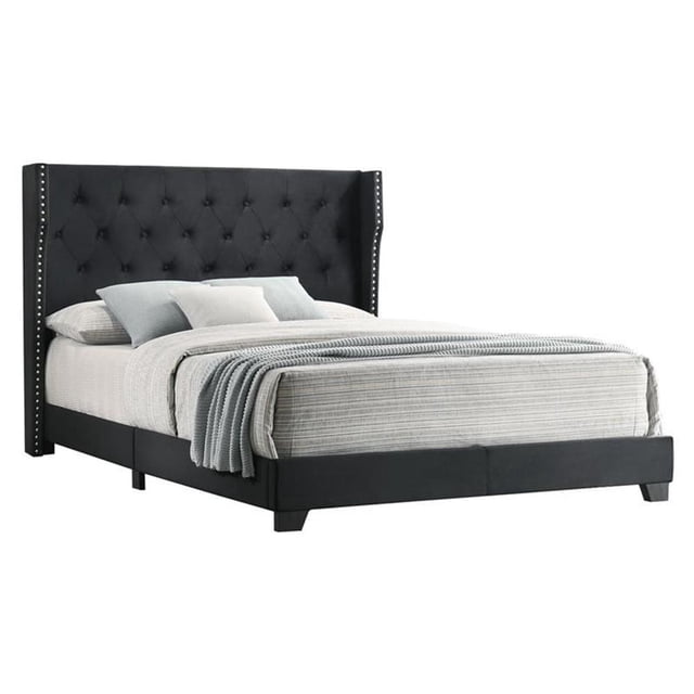 Black Velvet Panel Bed with Tufted Headboard in Full Size