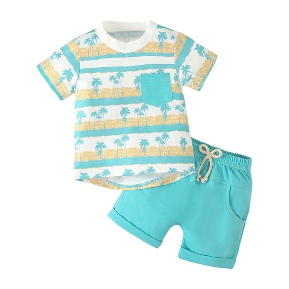 Teen Boy Clothes Baby Toddler Boys Set Child Kids Spring Summer Cotton Hawaii Printed Short Sleeved Casual 0 3 6 12 18 24 Months T-shirt with Elastic Waist Shorts Children Clothing 2-Piece