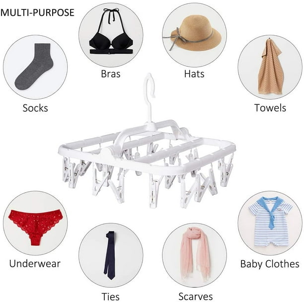 Foldable Clip Hangers with 26 Drying Clips, Underwear Hanger with Clips,  Plastic Laundry Clip and Drip Drying Hanger for Socks, Bras, Lingerie,  Clothes, Sturdy, White 