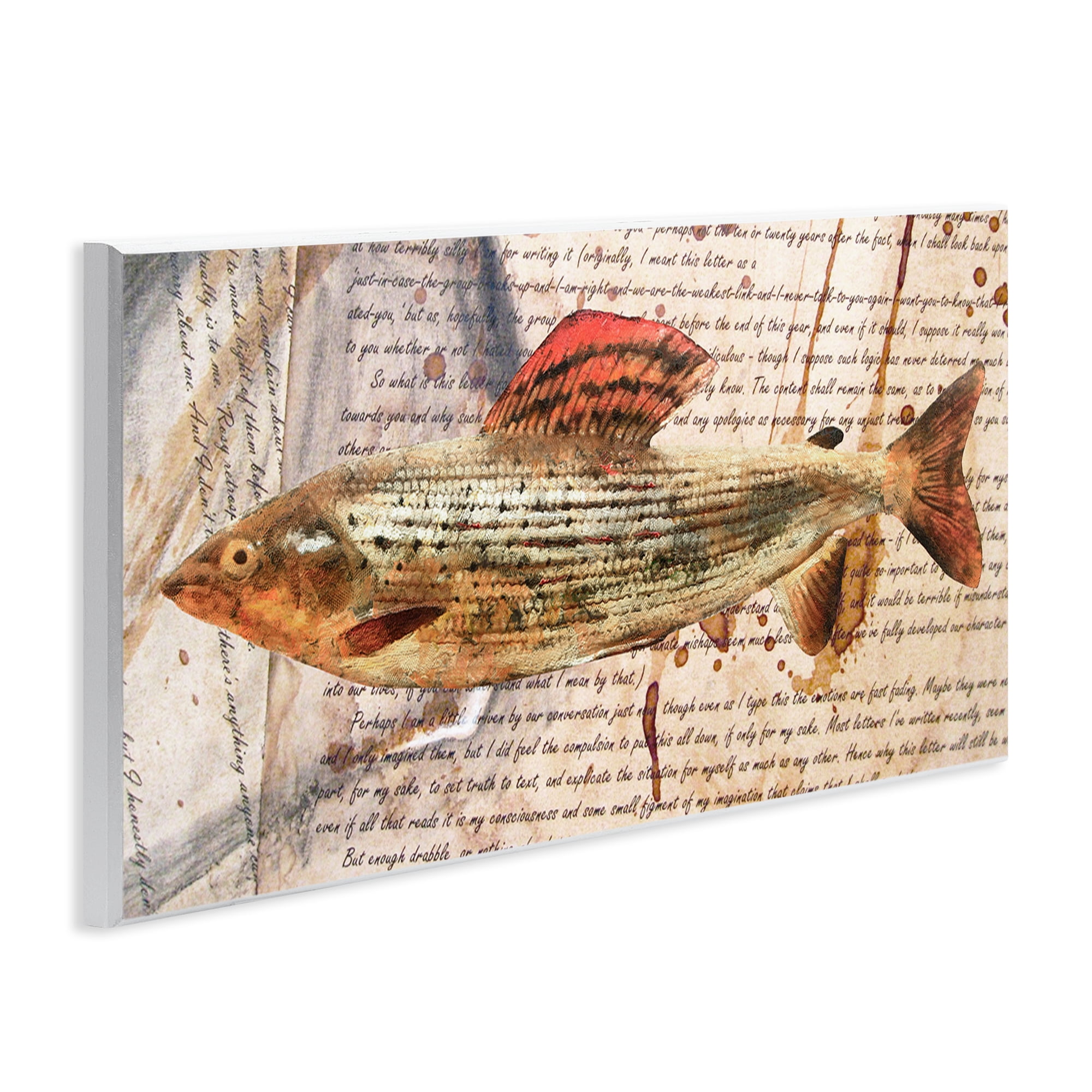 Stupell Industries Fish with Vintage Text Animals & Insects Painting Unframed Art Print Wall Art, 17 x 7