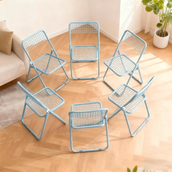 WXJHL Set Of 6 Folding Chairs, Space‑Saving Foldable Metal Frame Chairs for Indoor‑Outdoor Party Camping Event Use, Blue