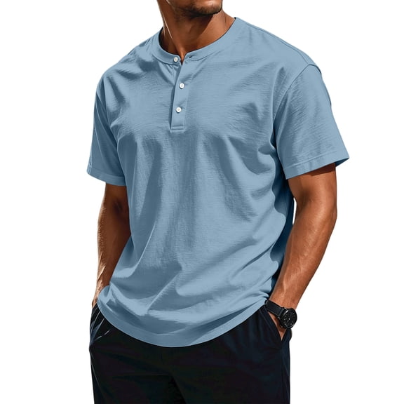 LTTVQM Mens Shirt Three Button Henley Neck Short Sleeve T-Shirt Light Breathable Summer Outdoor Casual Blouses Light Blue L