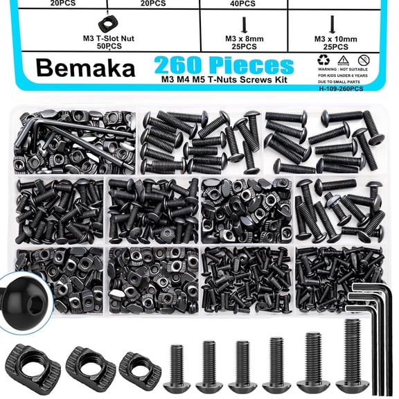 260PCS M3 M4 M5 T Slot Nut Screws Kit, T Nuts and Bolts Assortment Kit for 2020 Series Aluminum Profile, Mlok Screws Nuts Replacement