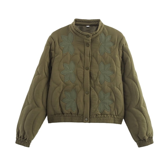 Female Floral Embroidered Cropped Quilted Jacket Winter Warm Button Down Puffer Jacket Coat with Pockets Green S