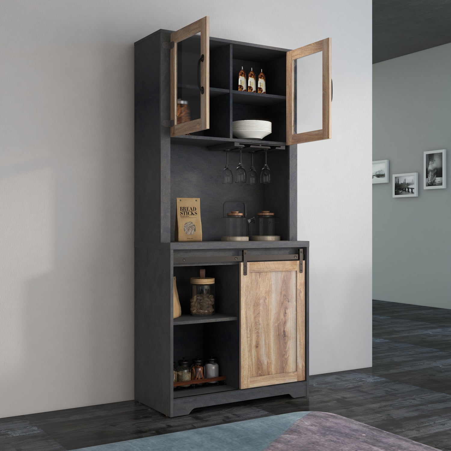 Kadyn 31 Inch Farmhouse Barn Door Bar Cabinet, Kitchen Buffet Storage Cabinet for Dining Room, Black Particle Board Coffee Bar Cabinet Kadyn 31 Inch Farmhouse Barn Door Bar Cabinet, Kitchen Buffet Storage Cabinet for Dining Room, Black Particle Board Coffee Bar Cabinet