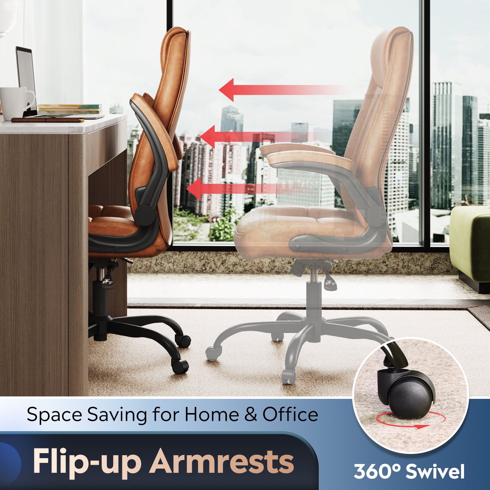 GALAXHERO Ergonomic High Back Office and Conference Room Desk Chair, Adjustable Flip-Up Armrests and Lumbar Support, Brown