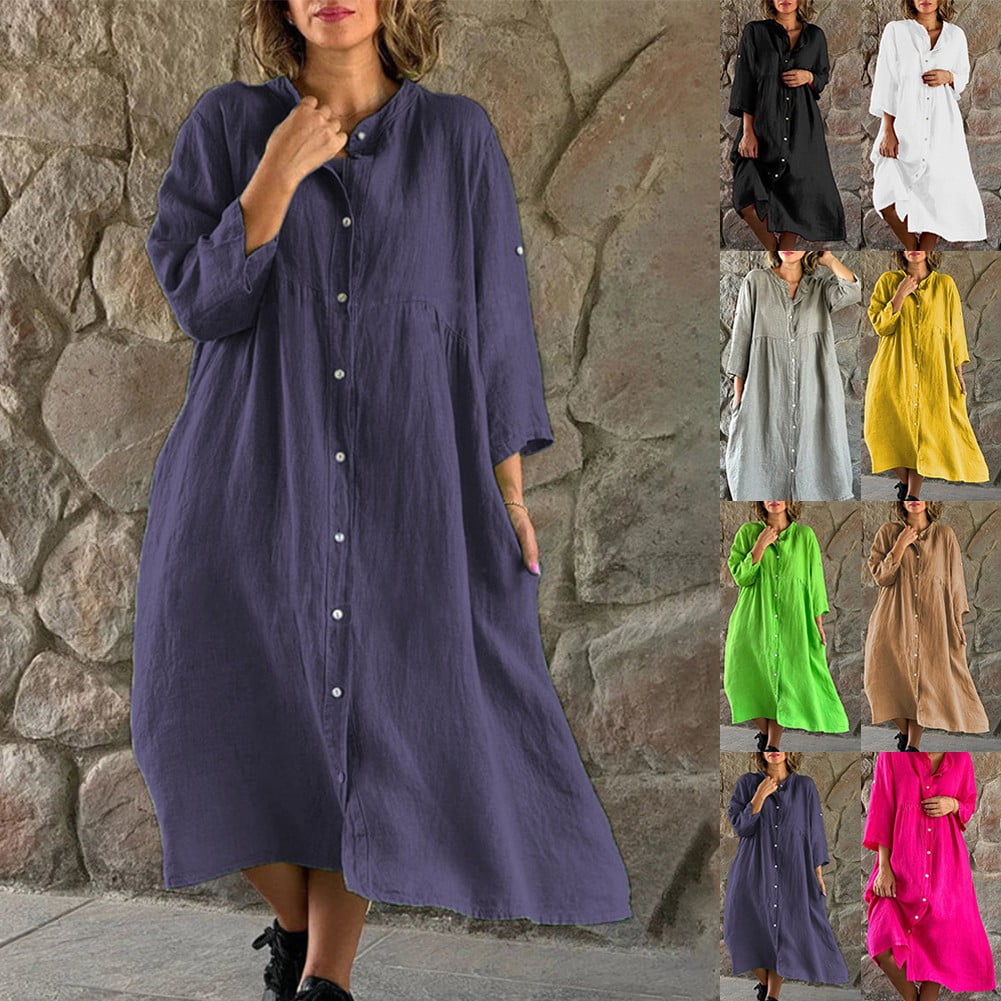 Women Cotton Linen Casual Button Up Solid Long Sleeve Maxi Loose Shirt Dress  - Walmart.com