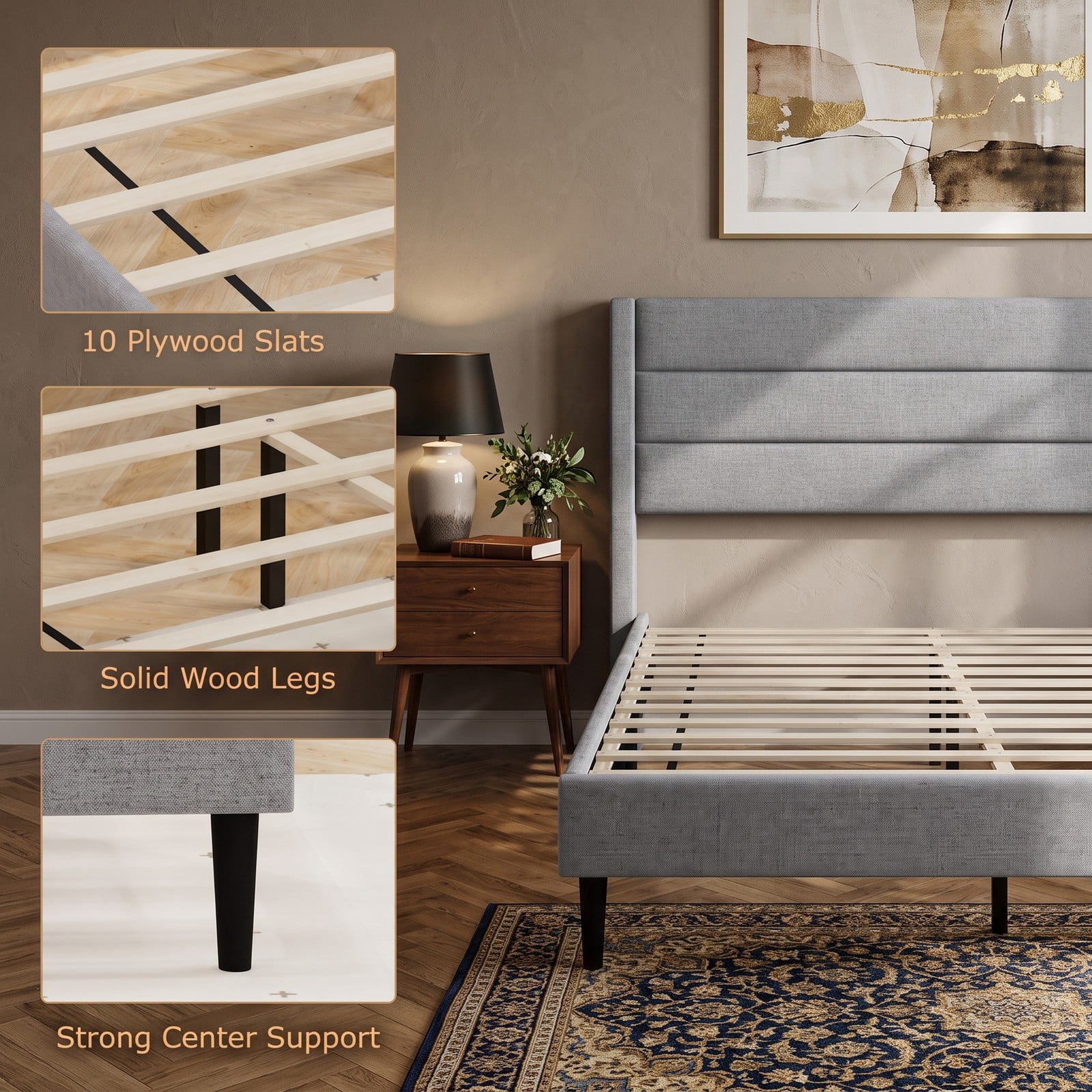Furnibear Queen Bed Frame with Headboard, Linen Upholstered Platform Bed Frame with Wingback Channel Headboard and Wood Slats, Gray