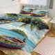 thumbnail image 1 of Funda nórdica con palmeras y barcos en la playa, tamaño king y queen, juego de 3 piezas suave, 1 funda nórdica y 2 fundas de almohada con cierre de cremallera, 86 x 70 pulgadas, 1 of 8