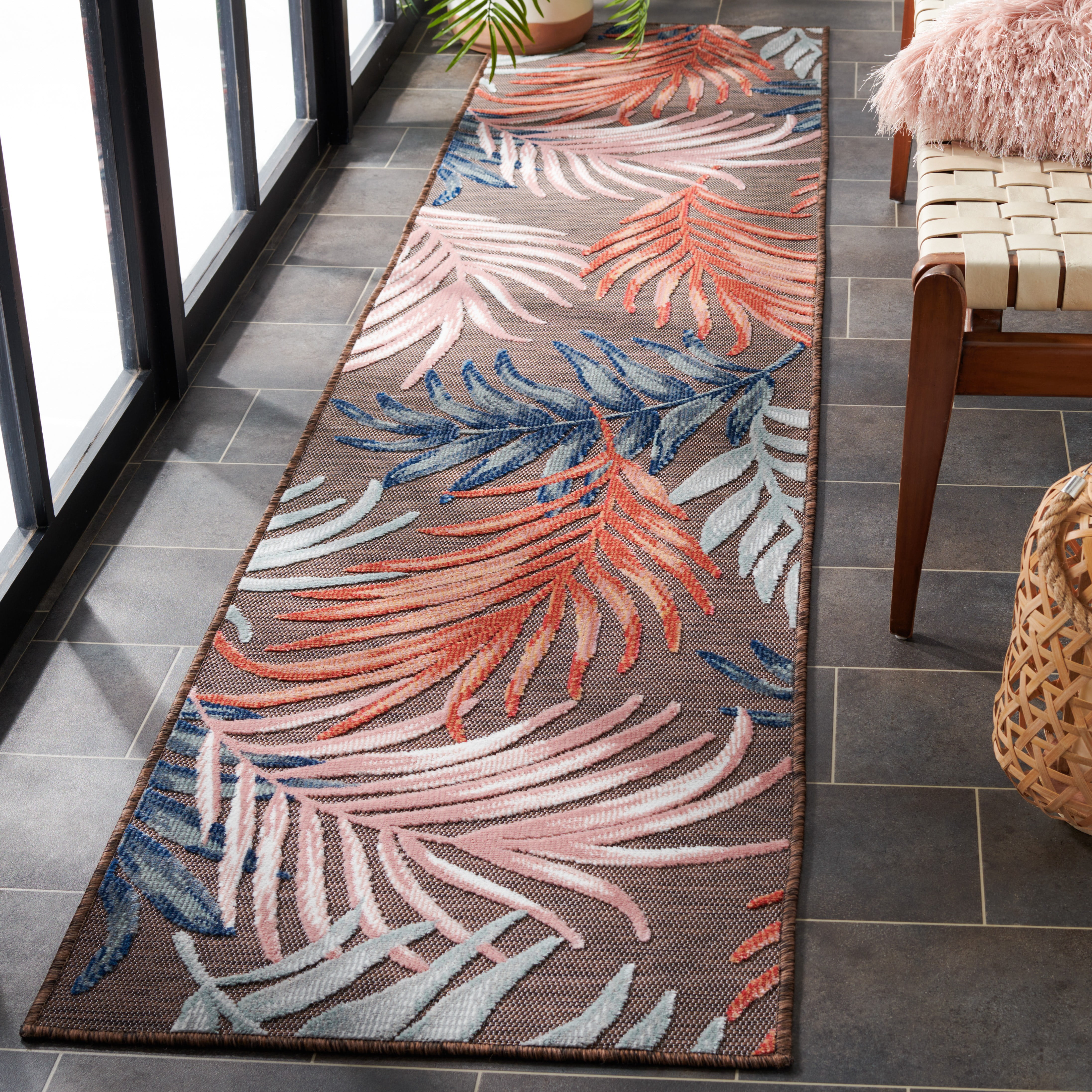 SAFAVIEH Cabana Jane Botanical Indoor/Outdoor Runner Rug, Brown/Blue, 2' x 9'