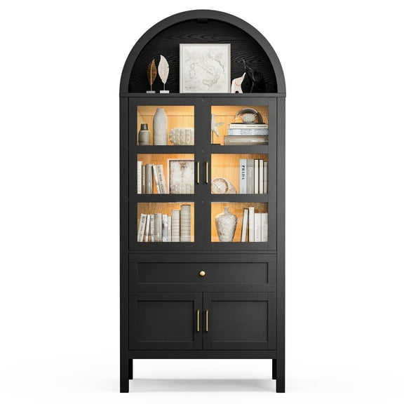 Cottinch 71" Arch Storage Cabinet with 4 Doors & Adjustable Shelves,Drawer,Wooden Kitchen Pantry Cabinet,LED Lighted Display Cabinet,Black