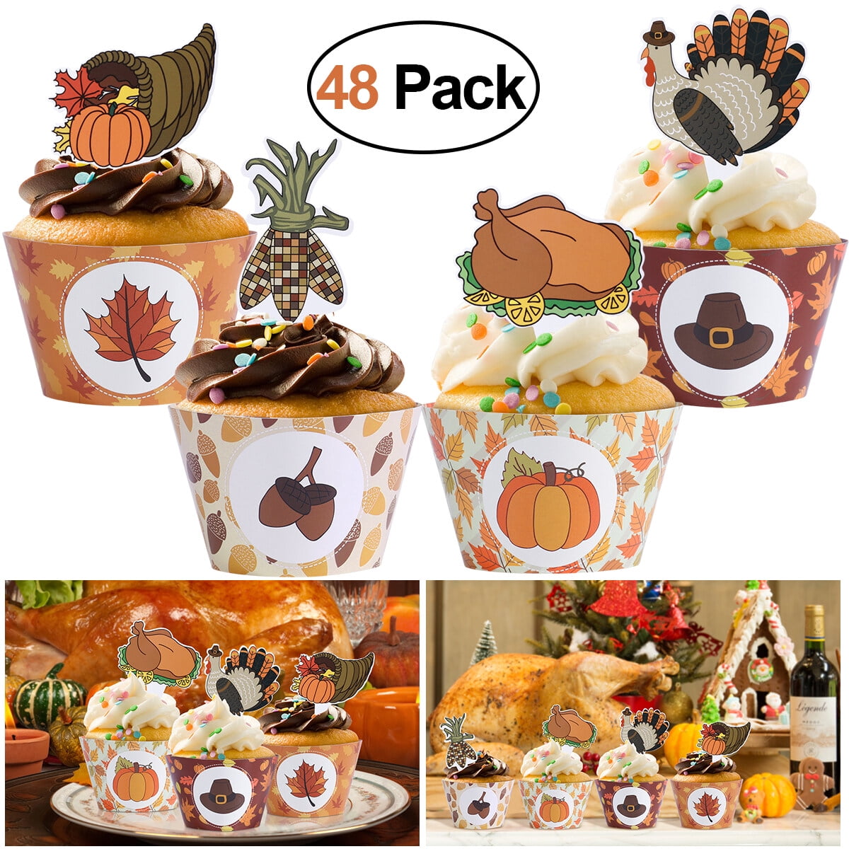 NUOLUX 48PCS Thanksgiving Cupcake Toppers and Wrappers Cupcake Cake