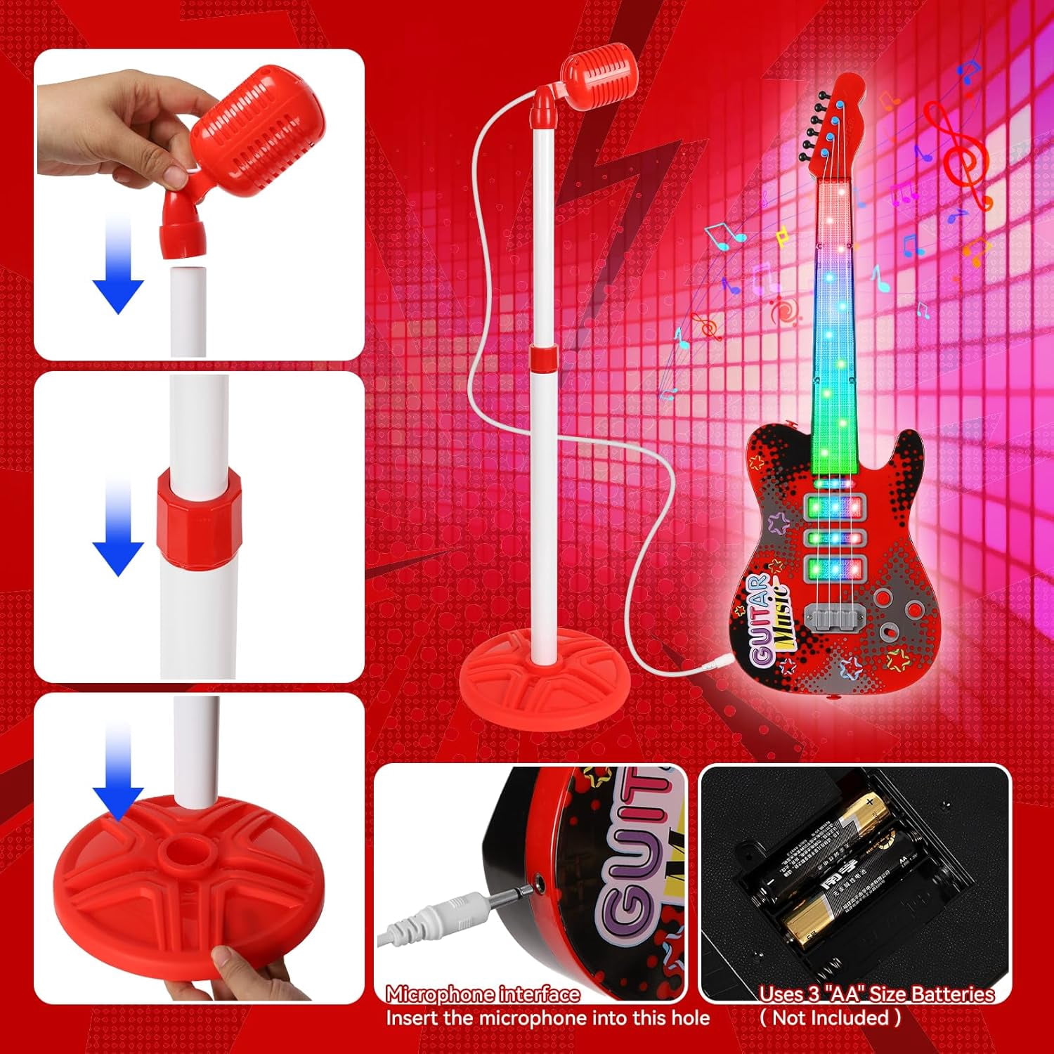 Kids Guitar and Microphone Playset, Electric Guitar Kit with Lifting Mic Stand, Toddler Toys Musical Instruments Starter Kit, Karaoke Machine Toys for Boys Girls Christmas Guitars Gifts