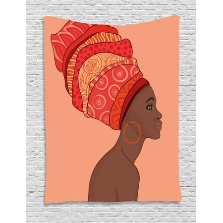 - African Woman Tapestry, Exotic Young Native Girl with Traditional Turban Folk Art, Wall Hanging for Bedroom Living Room Dorm Decor, Salmon Coral Red Chocolate, by Ambesonne