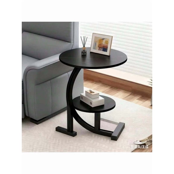 Modern Luxury Wrought Iron And Wood Side Table With Marble-Patterned Top