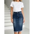 thumbnail image 5 of Blue Denim Midi Skirt With Frayed Hem And Distressed Detail For Women, 5 of 5