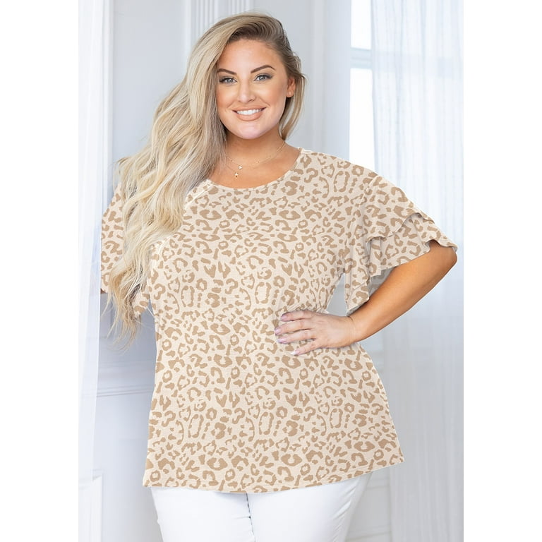 SHOWMALL Plus Size Tops for Women Short Sleeve Pink Leopard Brown