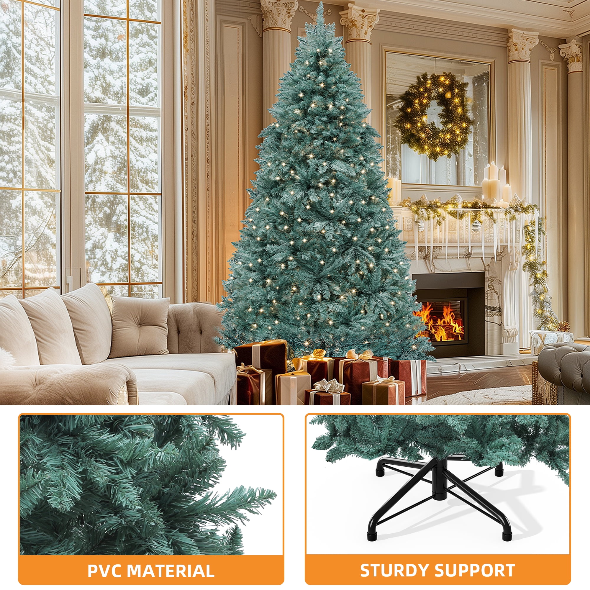 Uforic 6ft Pre-Lit Spruce Artificial Christmas Tree,Hinged Artificial Christmas Tree with 880 Branch Tips,300 Warm-White Lights, for Home, Office, and Party Decor