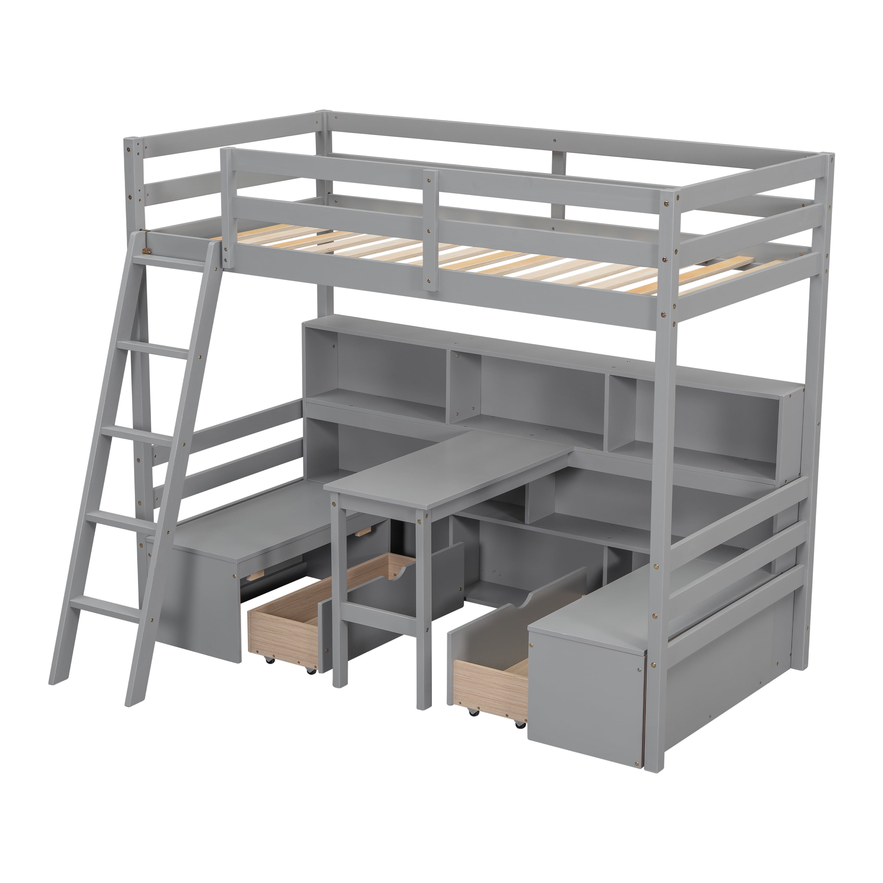 Euroco Modern Wood Twin Size Loft Bed with Desk and Drawers, Storage Shelves and Seat Design for Kids Teens, Grey
