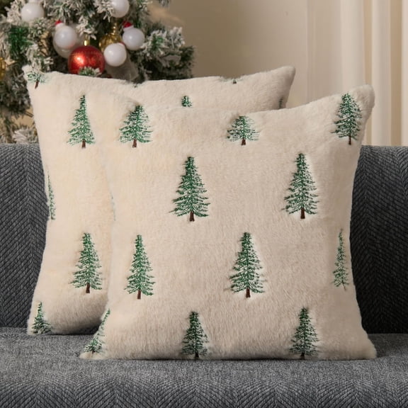 MY Christmas Pillow Covers 20x20 inch Set of 2 Green Embroidered Christmas Tree Decoration Beige Soft Plush Faux Fur Jacquard Throw Pillows for Bedroom Sofa Holiday Winter Home Decor