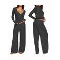 thumbnail image 3 of Women Y2K 2 Piece Lounge Set Long Sleeve Fitted Tee Shirt Top Wide Leg Long Pants Cute Pajama Outfit Dark Gray S, 3 of 7