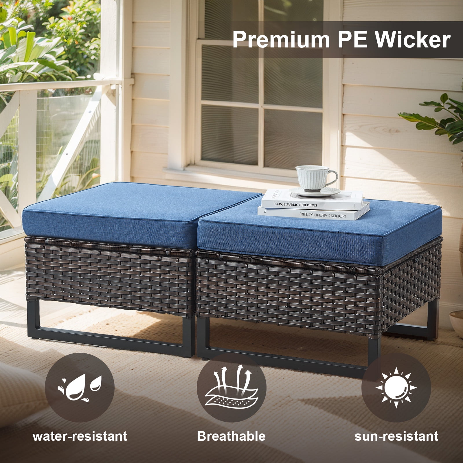 POCASSY 6PCS Outdoor Furniture Set with Fire Pit Table - All Weather Patio Conversation Set with Brown Wicker Outdoor Swivel Chairs and 41" Propane Firepit Table for Balcony, Porch, Garden - Blue