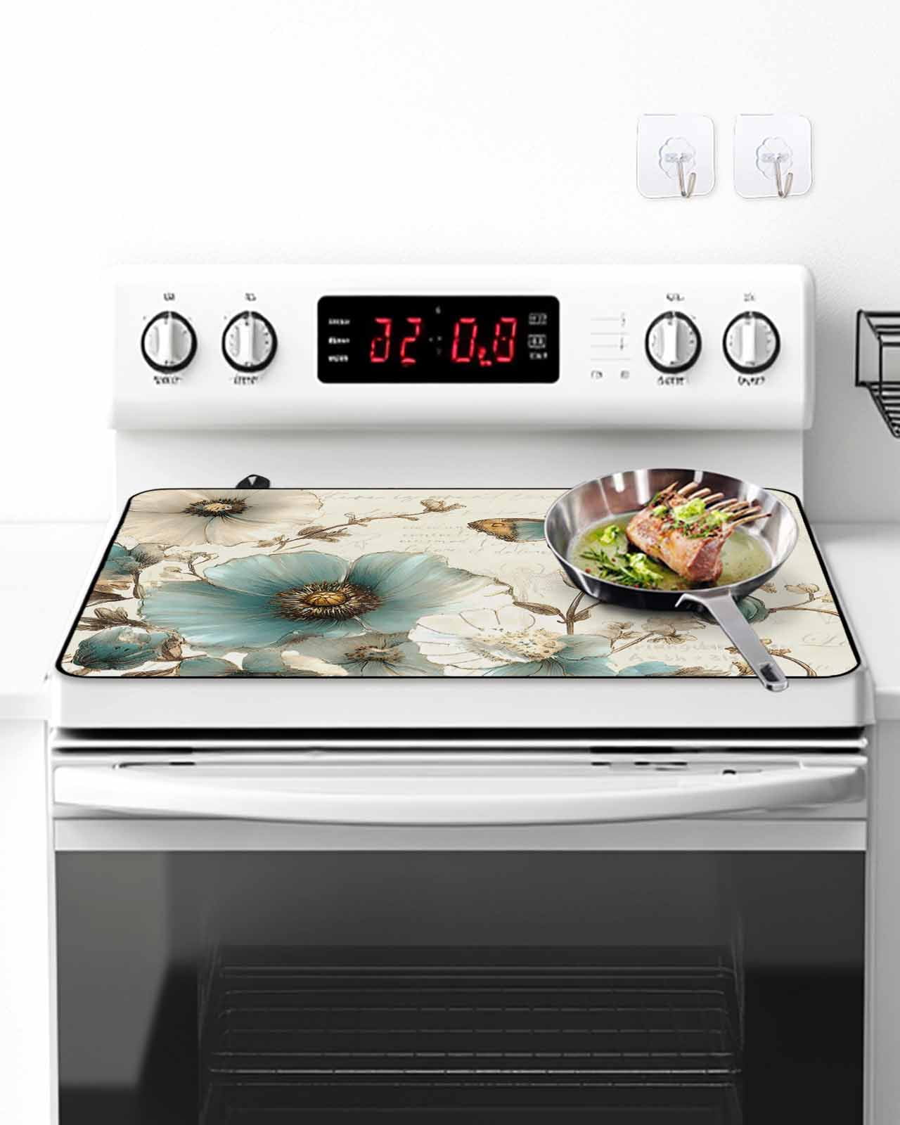 Stove Top Covers for Electric Stove, Vintage Flowers Glass Stovetop Cover Protector, Spring Floral Teal Tulip Butterfly Induction Cooktop Protector Oven Mat for Kitchen Countertop 24"x21"