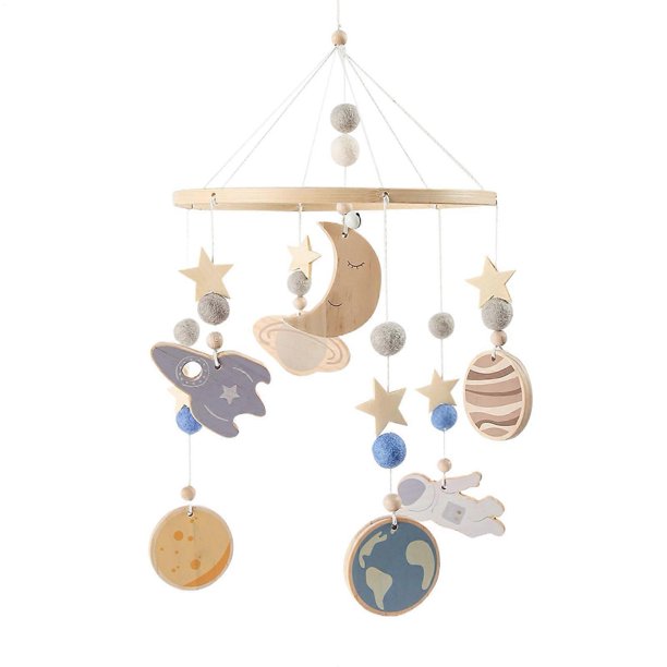 Mobile for Crib Wood Pendant 360 Degree Rotating Space Pattern Crib Mobile Calming Visual Stimulation Travel Sleep