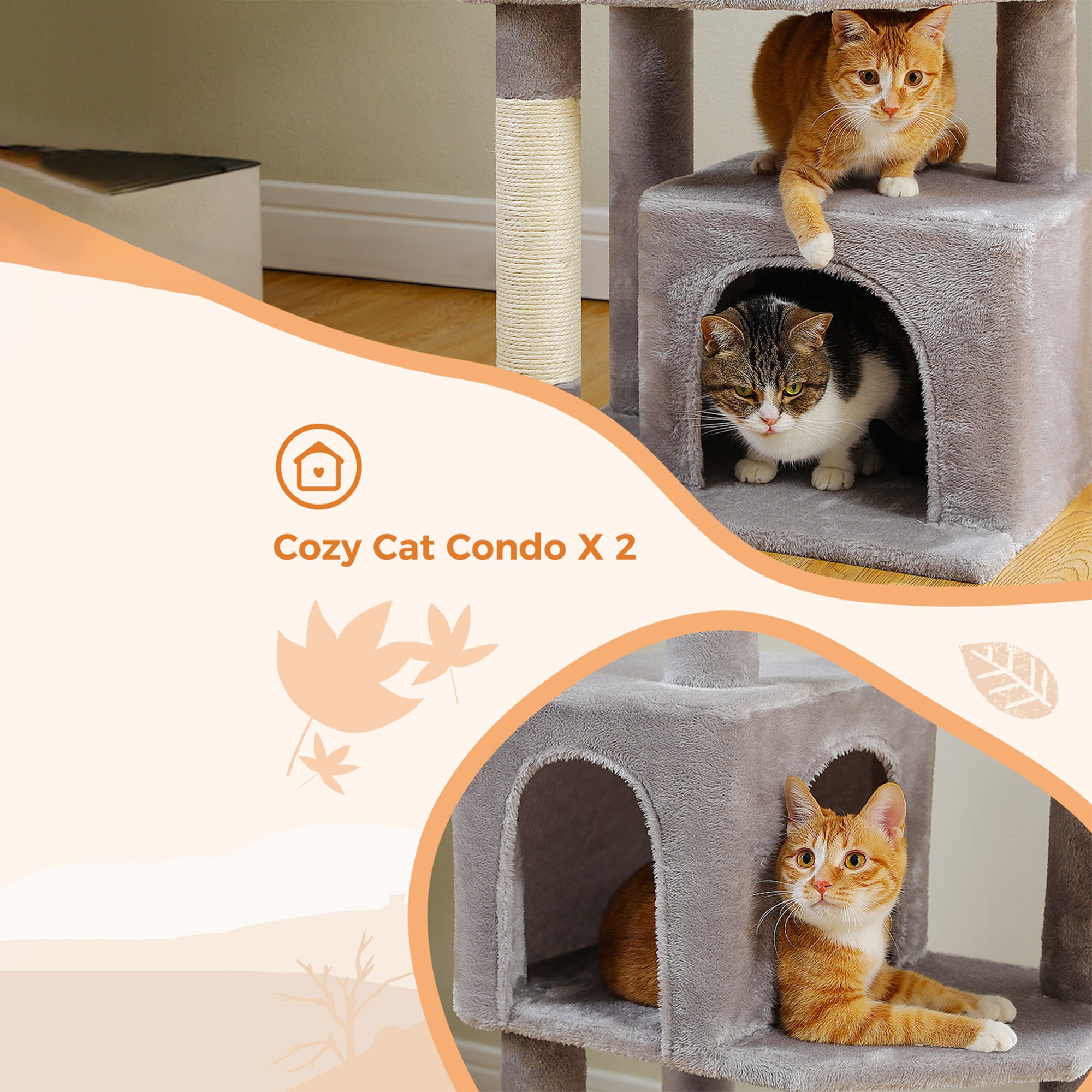 Kadyn 53" Cat Tree Tower for Small Cats with 2 Cat Condos, Hammock and 3 Removable Pompom Sticks, Cat Tree House with Scratching Posts, Gray