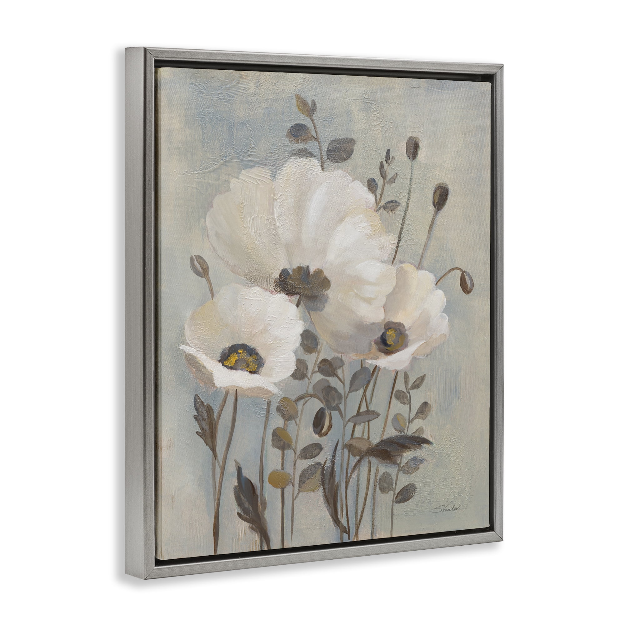 Stupell Industries Neutral Poppies Cluster Plants & Flowers Painting Gray Floater Framed Canvas Art Print Wall Art, 17 x 21