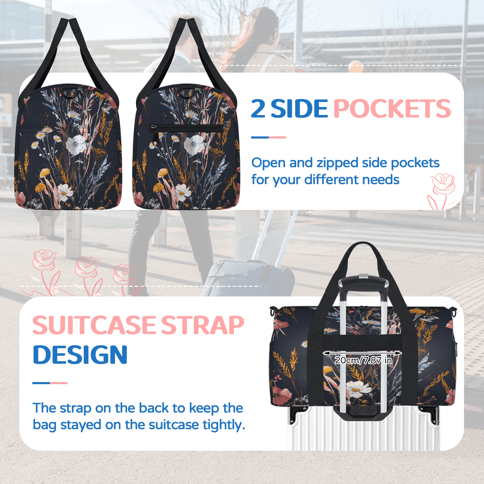 Herdesigns Wildflowers Plant Flower Floral Gym Bag for Women, Duffle Bag for Travel Sport, Lightweight Waterproof Carry on Weekender Overnight Dance Yoga Workout Bags