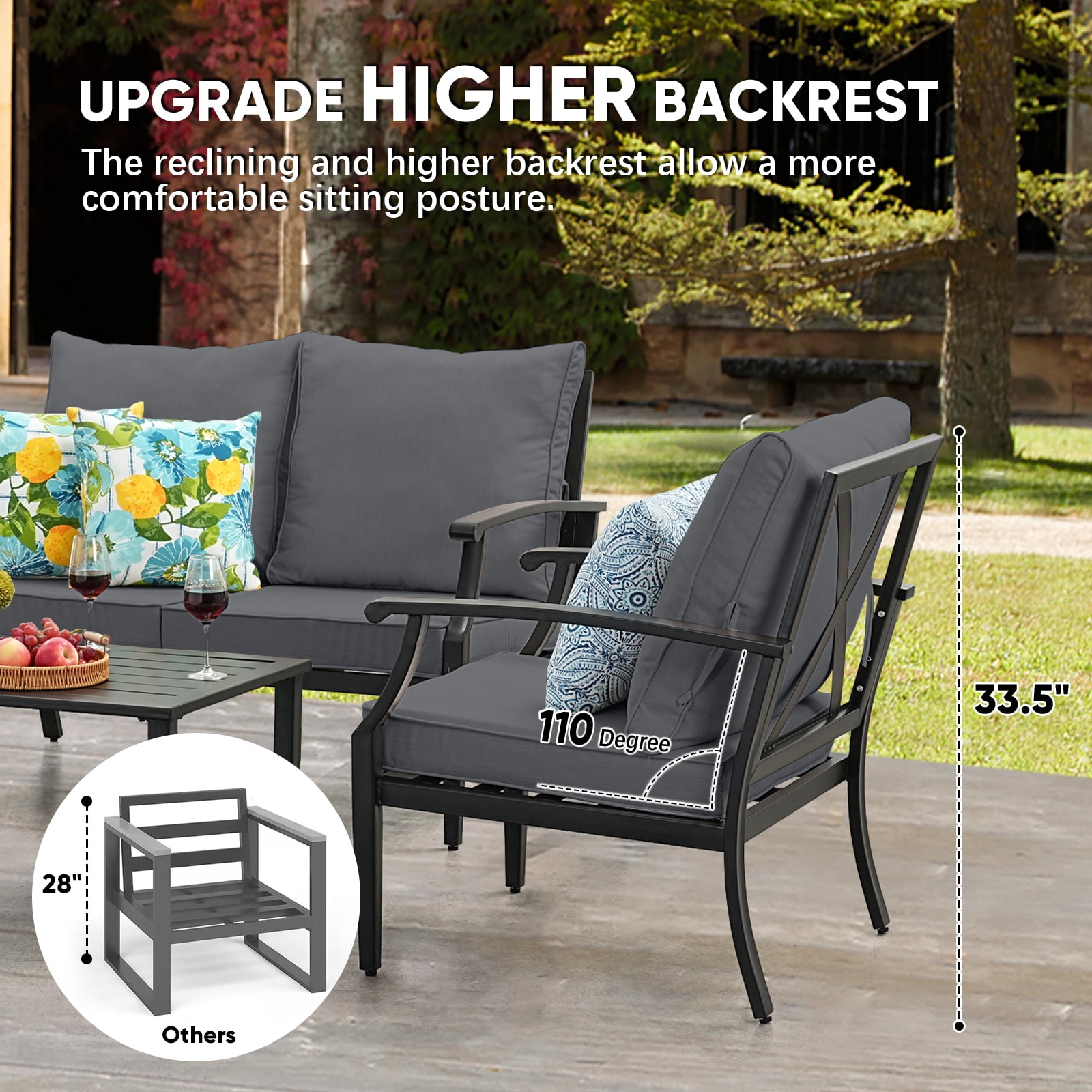 JOYURE 4 pieces Patio Furniture Set w/loveseat,Coffe Table,Outdoor Conversation Metal Sofa with High Back and Thick Cushion,for Backyard,Garden,Grey