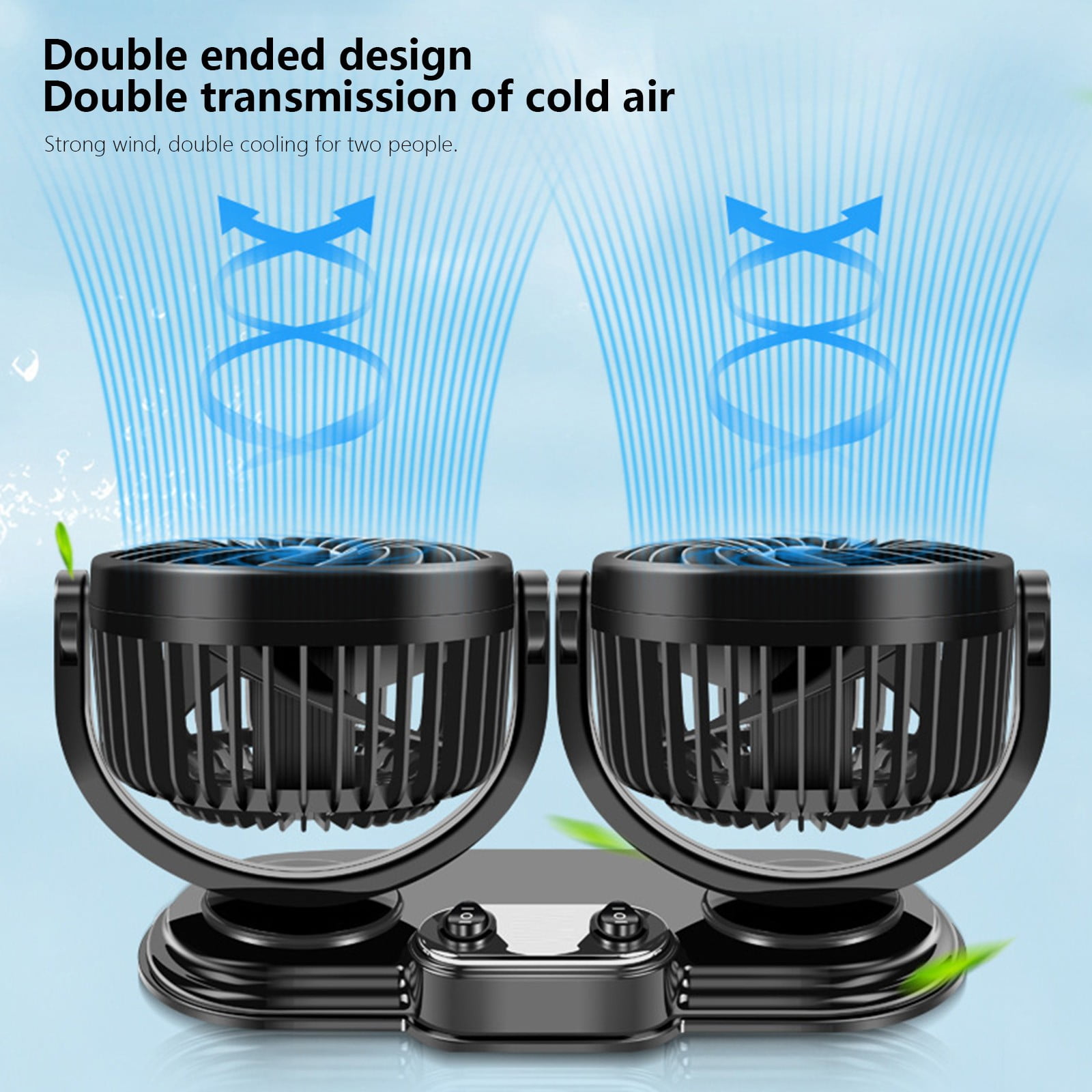 Car Fan, ZzCityTK Dual Head Folding Car Fan, Powerful 2-Speed USB Dashboard Fan for Trucks with 360° Rotation, Black