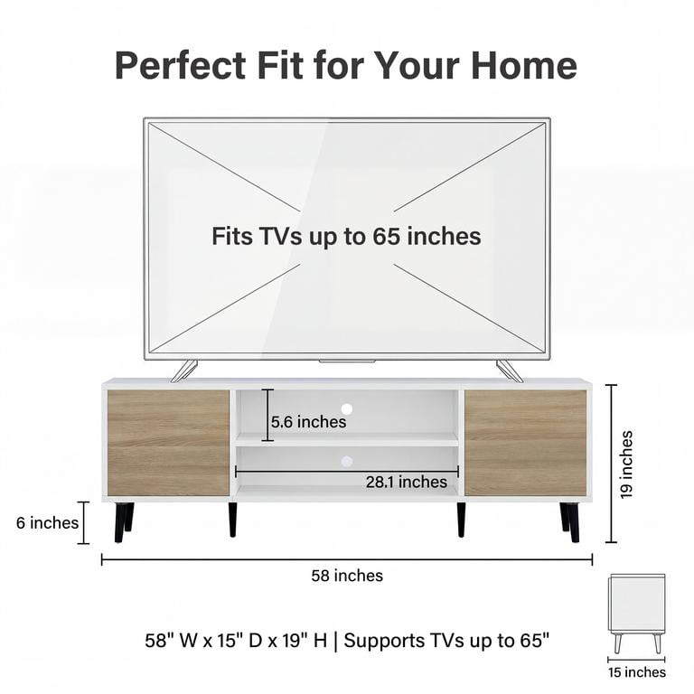 Vineego TV Stand for 65 Inch TV with 2 Push-to-Open Doors, Mid-Century Modern Media Console with Open Shelves, Entertainment Center for Living Room Bedroom, Beige & White