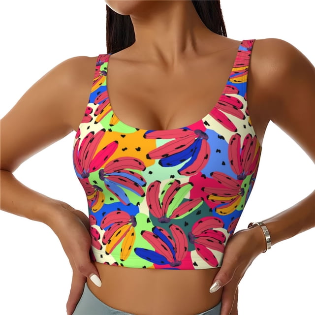 Balery Colorful Bananas Sujetadores deportivos con espalda cruzada para mujer, acolchados, sin costuras, de alto impacto, ideales para yoga, gimnasio, entrenamiento y fitness.-X-Large