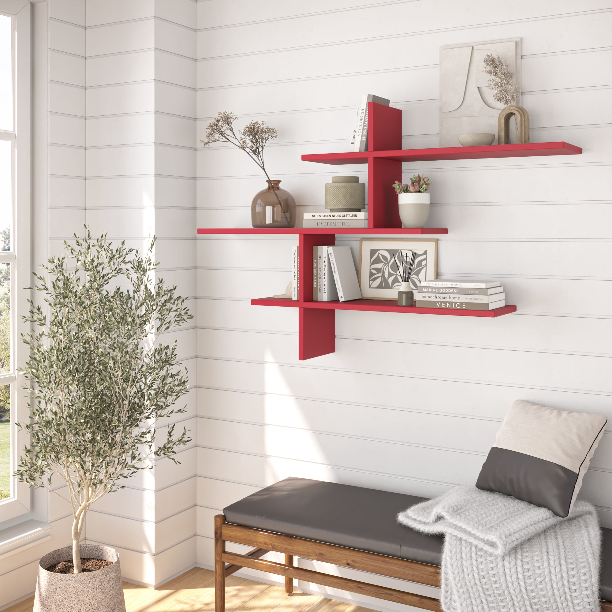 Ada Home Decor Furniture 48.5" 3 Tier Burgundy Webster Modern Wall Shelf