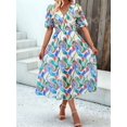 thumbnail image 5 of Women Sundress Summer Floral Short Sleeve Wrap V Neck A-Line Midi Dress Green M, 5 of 8
