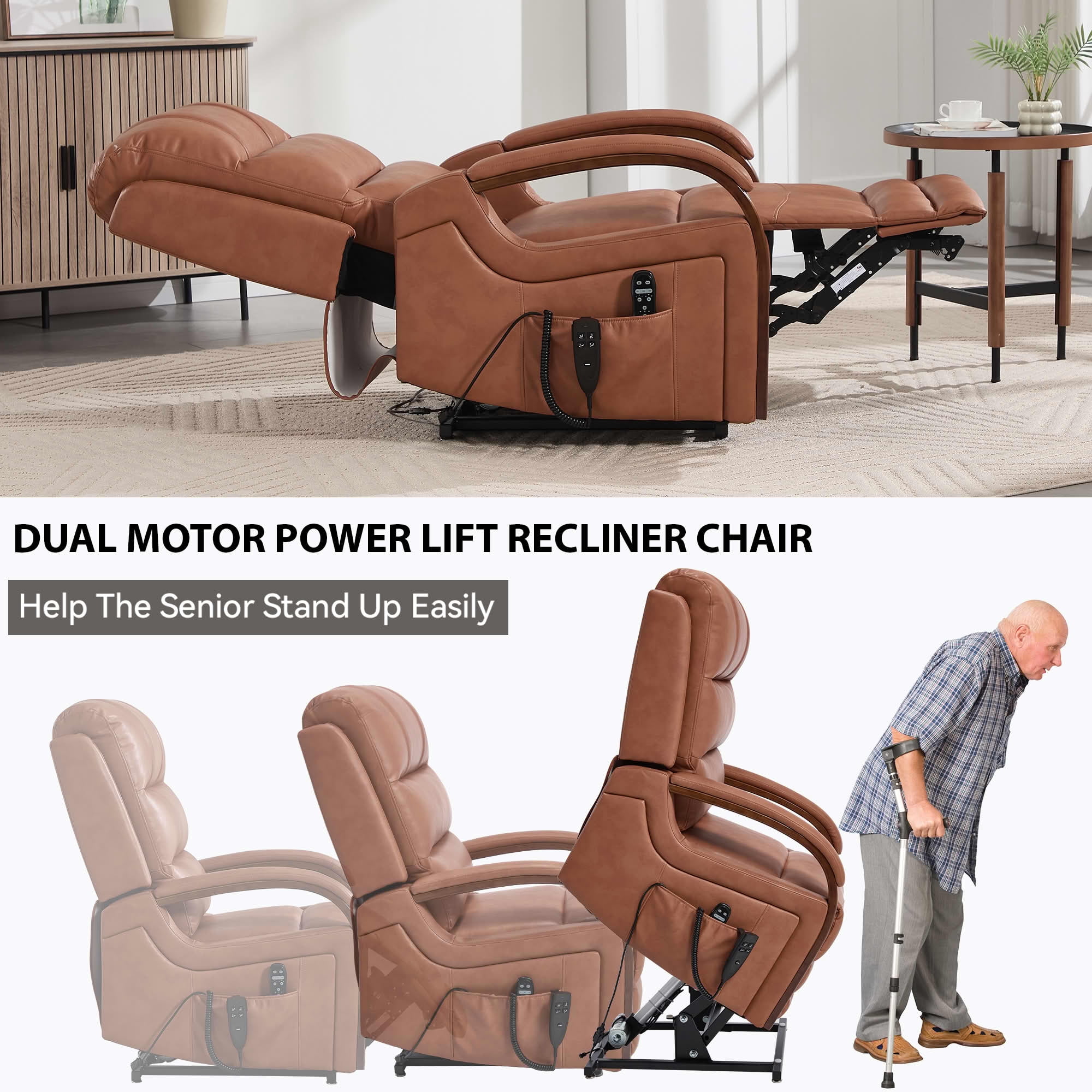 MAYEERTY Orange Leatheraire Dual Motor Power Lift Recliner, 350lbs Solid Wood Armrest Massage Heat 30"x36"x43" for Elderly
