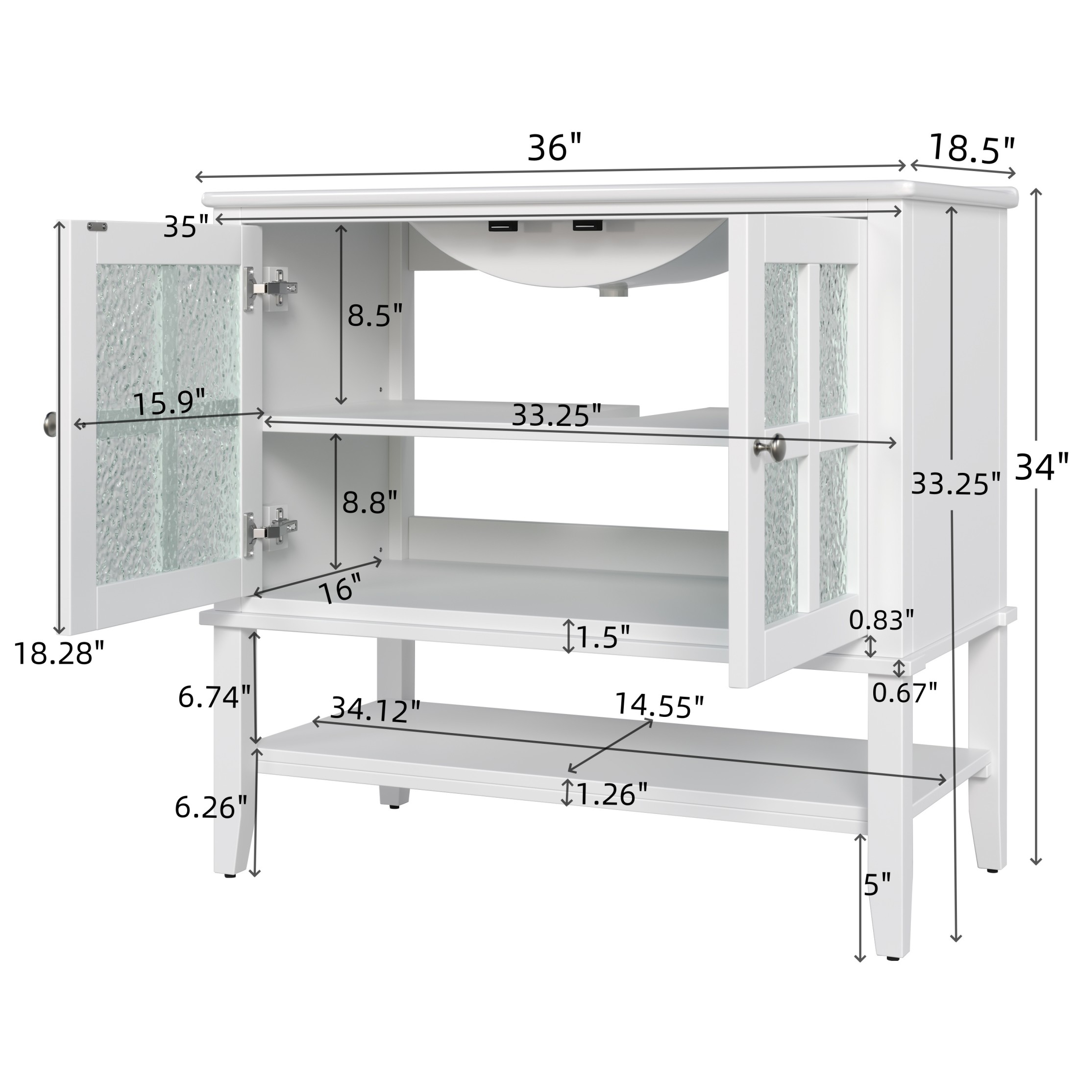 Christopher Knight Home 36" Bathroom Vanity with Sink, Textured Glass Doors, Open Shelf, White