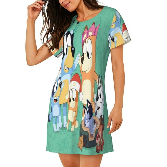 Saiise Women's Nightgown Sleepwear,Short Sleeve Pajama Dress,Bluey Print Loungewear for Home and Sleep