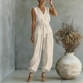 thumbnail image 6 of Women's Summer 2 Piece Outfits Sleeveless V Neck Belted Crop Tops Wide Leg Pant Sets Casual Tracksuit Beige, 6 of 7