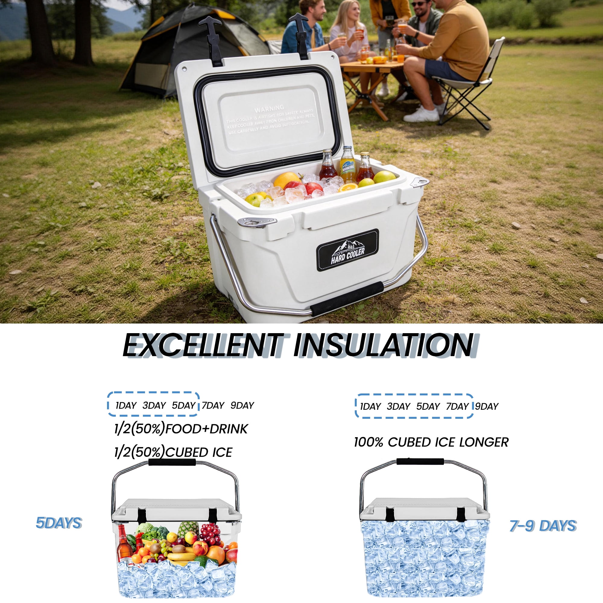 JXXRZ 20QT Hard Cooler Ice Chest, 5-Day Ice Retention, Heavy Duty Insulated Cooler for Camping, Work, Beach, White